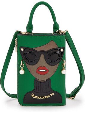 Women GreenCoffee Novelty Lady Face PU Leather ShoulderBag Handle Satchel Clutch